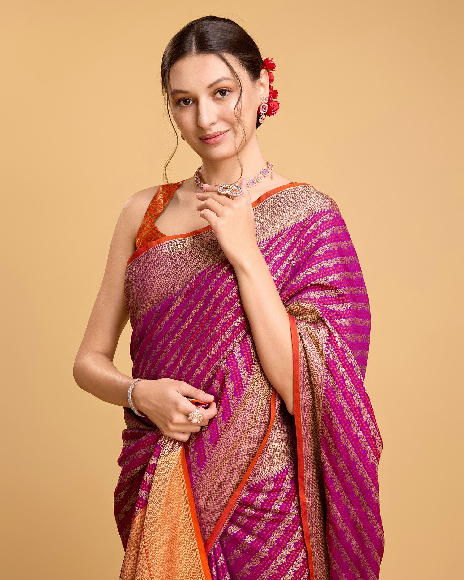 Pure Patola Silk Banarasi Saree with Contrast Meenakari Weave & Tassels