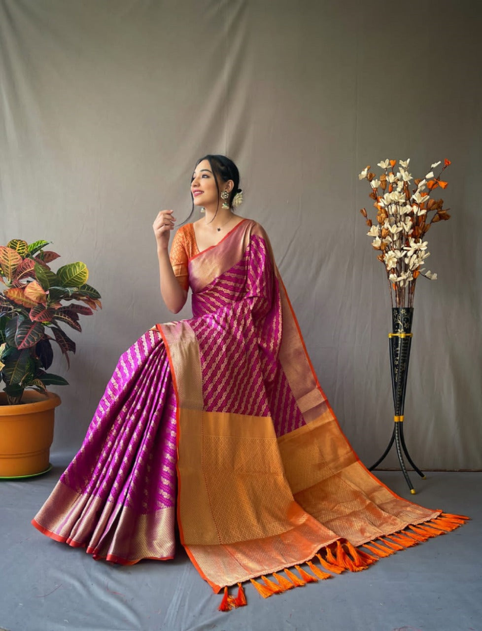 Pure Patola Silk Banarasi Saree with Contrast Meenakari Weave & Tassels