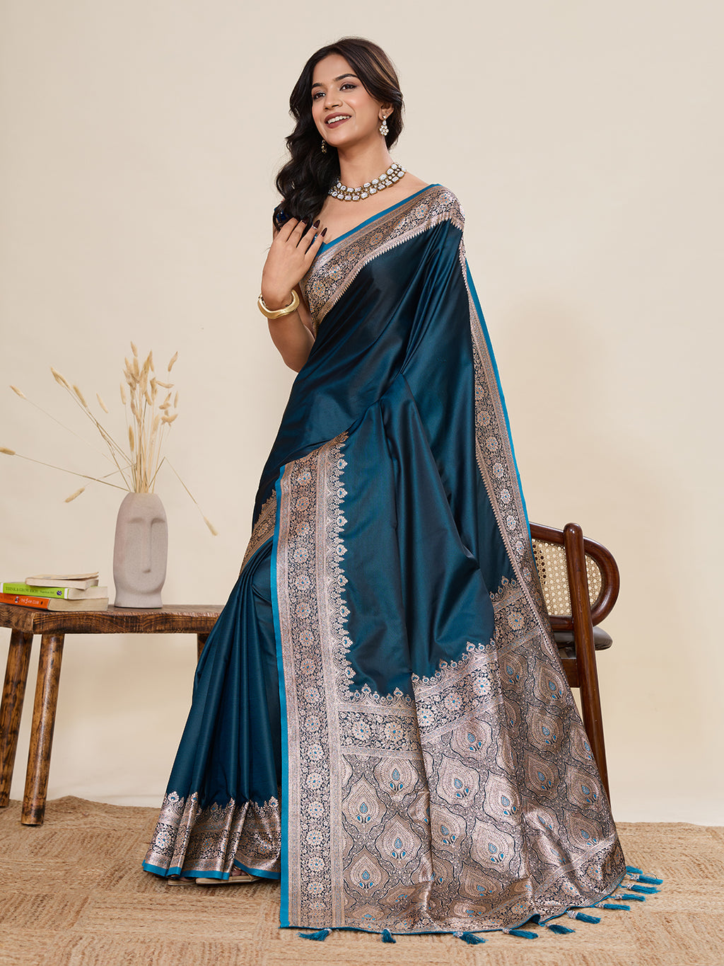Pure Satin Silk Banarasi Saree with Minakari Rich Pallu & Gala Border