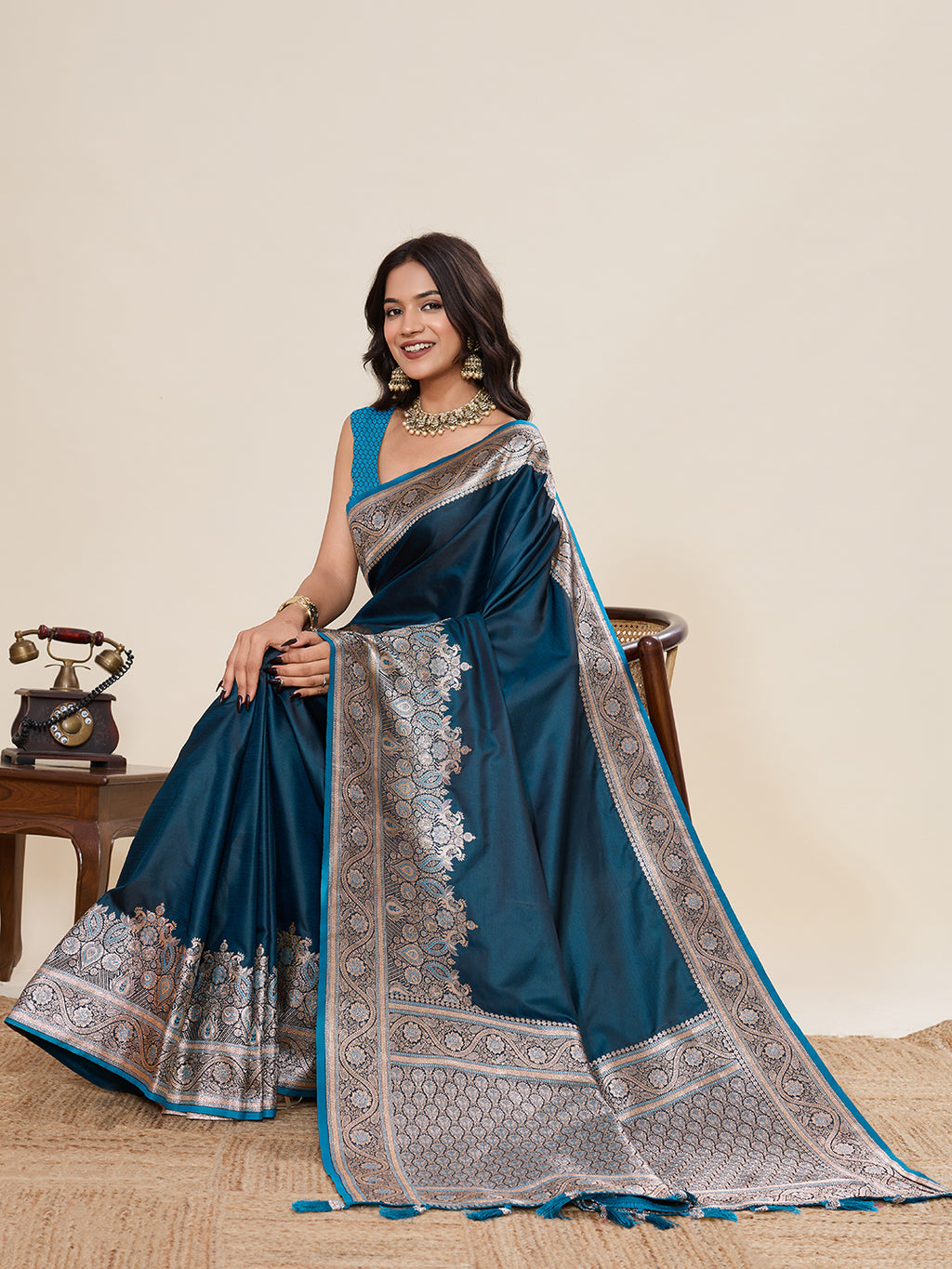 Pure Satin Silk Banarasi Saree with Minakari Rich Pallu & Gala Border
