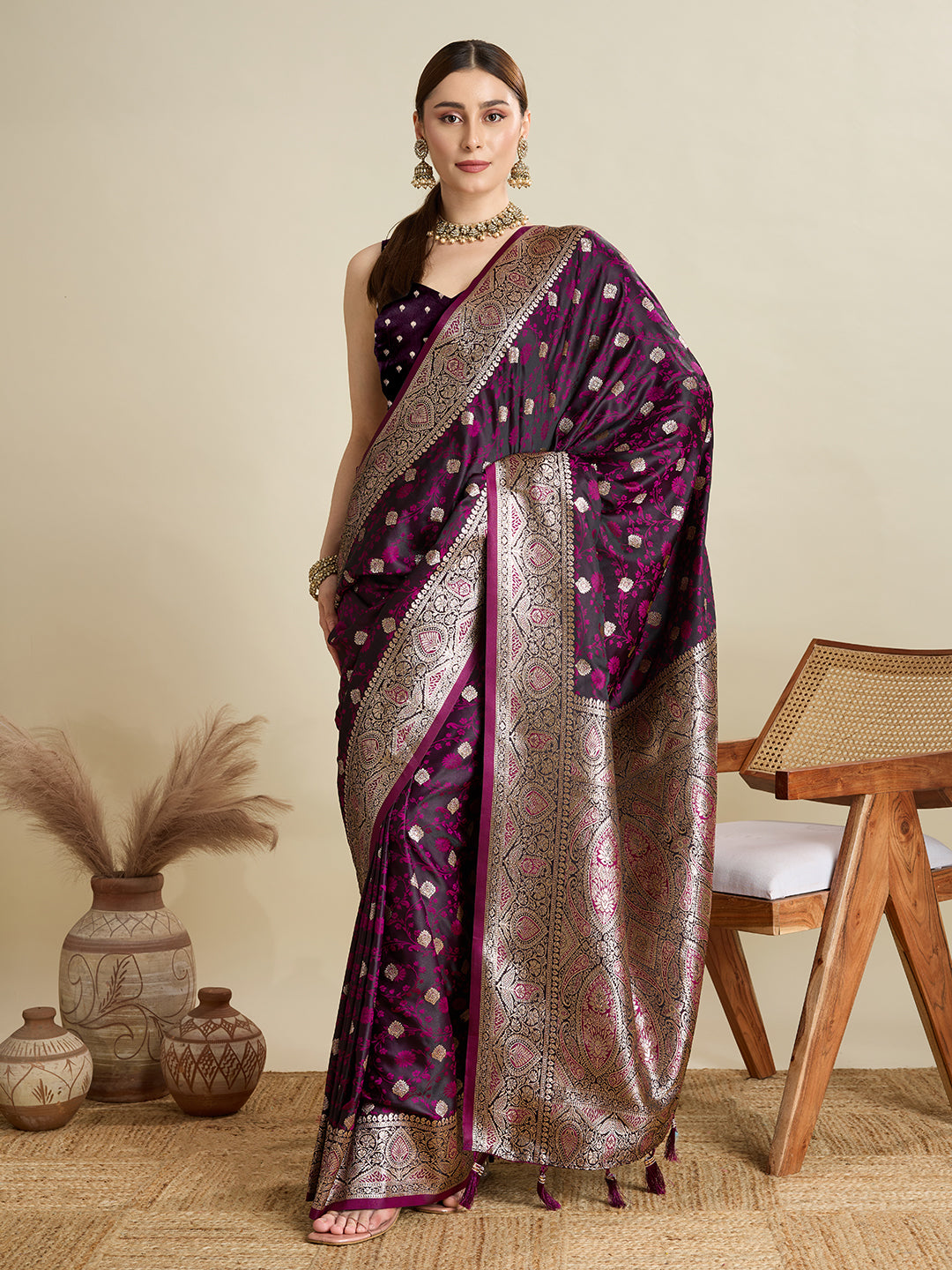 Premium Two-Tone Satin Soft Silk Saree with Unique Paithani Meenakari Weave