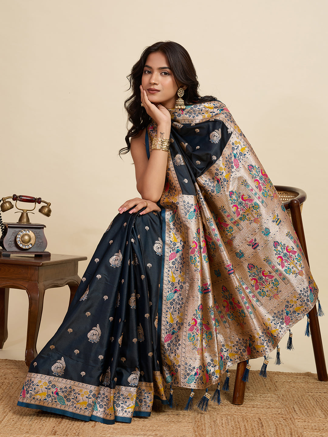 Premium Two-Tone Satin Soft Silk Saree with Unique Paithani Meenakari Weave
