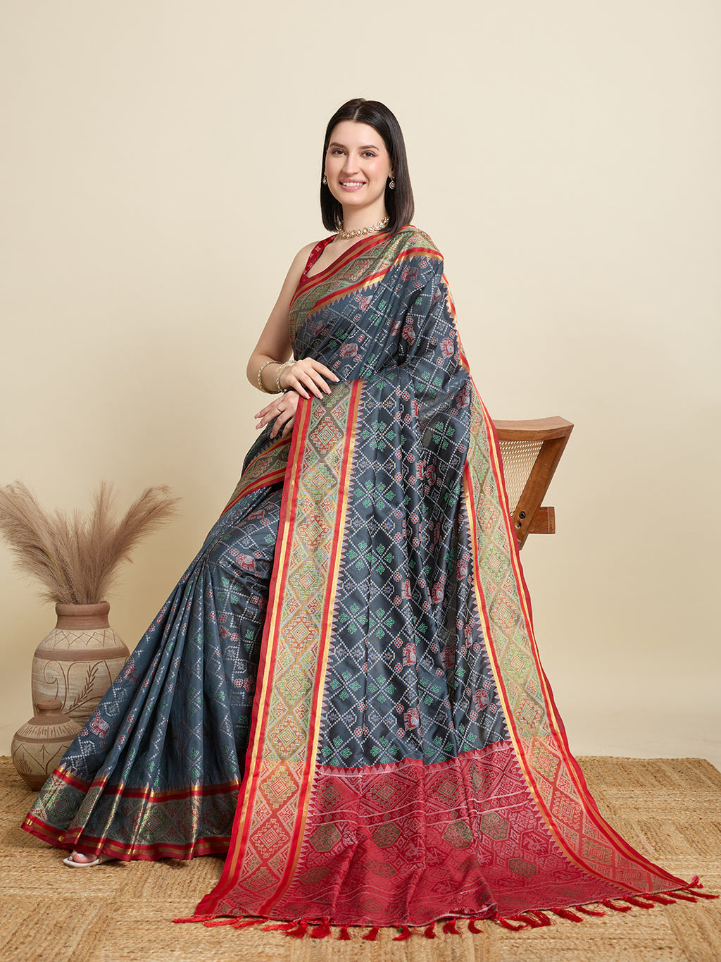 Pure Patola Silk Banarasi Saree | Contrast Meenakari Weaving & Rich Pallu with Tassels