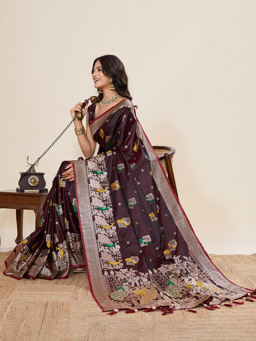 Premium Two-Tone Satin Soft Silk Saree with Unique Paithani Meenakari Weave