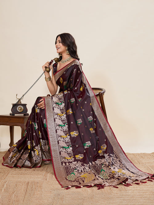 Premium Two-Tone Satin Soft Silk Saree with Unique Paithani Meenakari Weave