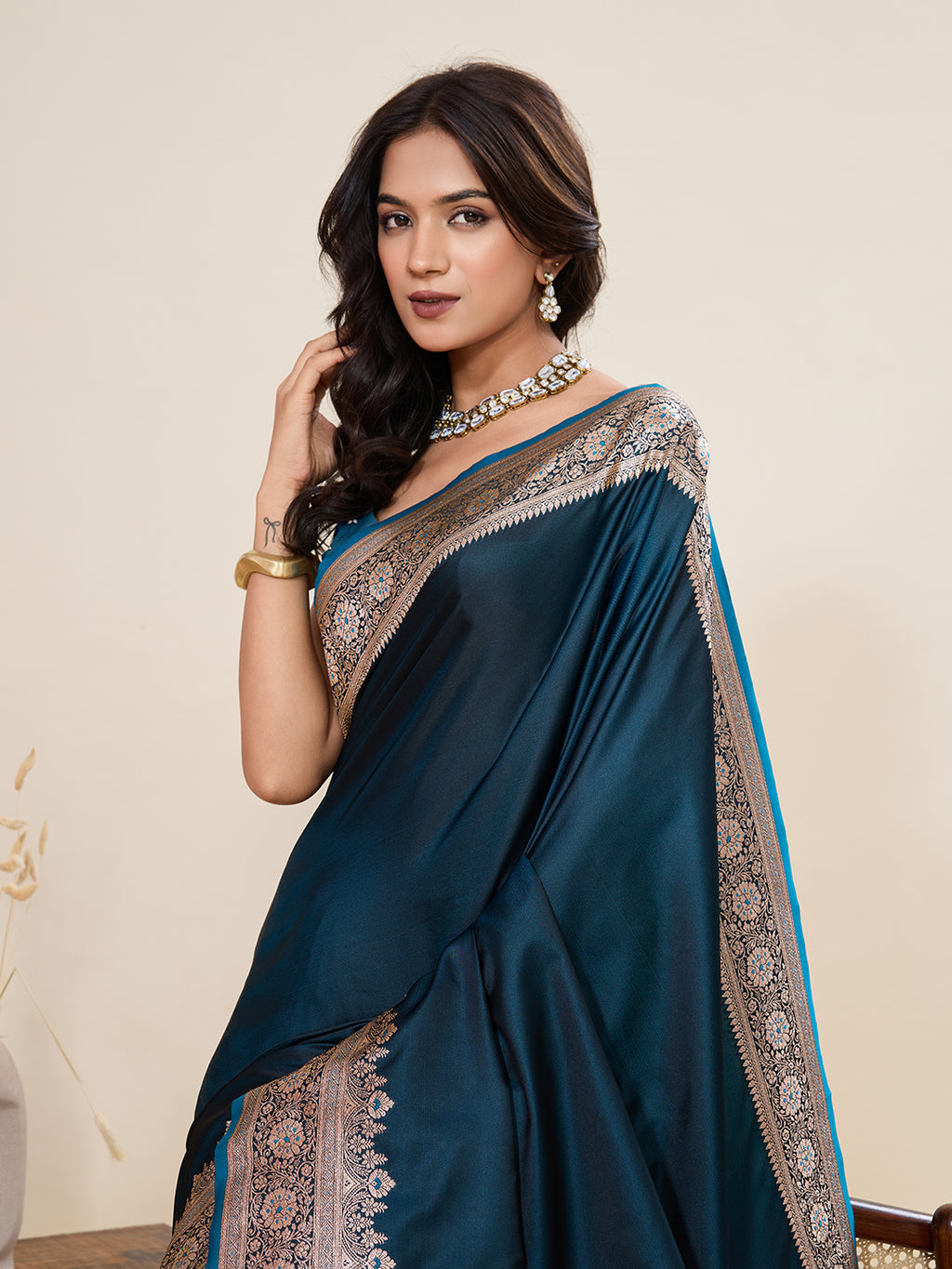Pure Satin Silk Banarasi Saree with Minakari Rich Pallu & Gala Border