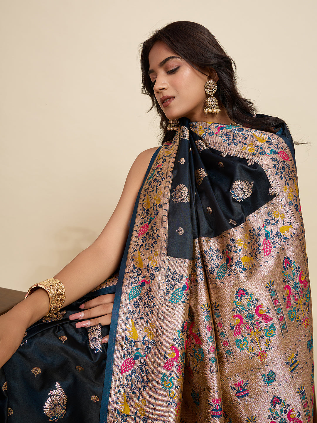 Premium Two-Tone Satin Soft Silk Saree with Unique Paithani Meenakari Weave