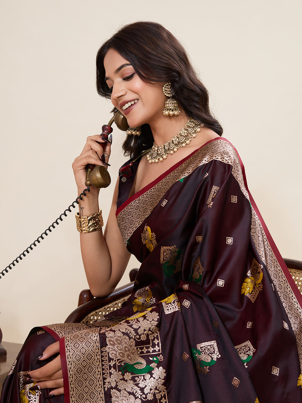 Premium Two-Tone Satin Soft Silk Saree with Unique Paithani Meenakari Weave