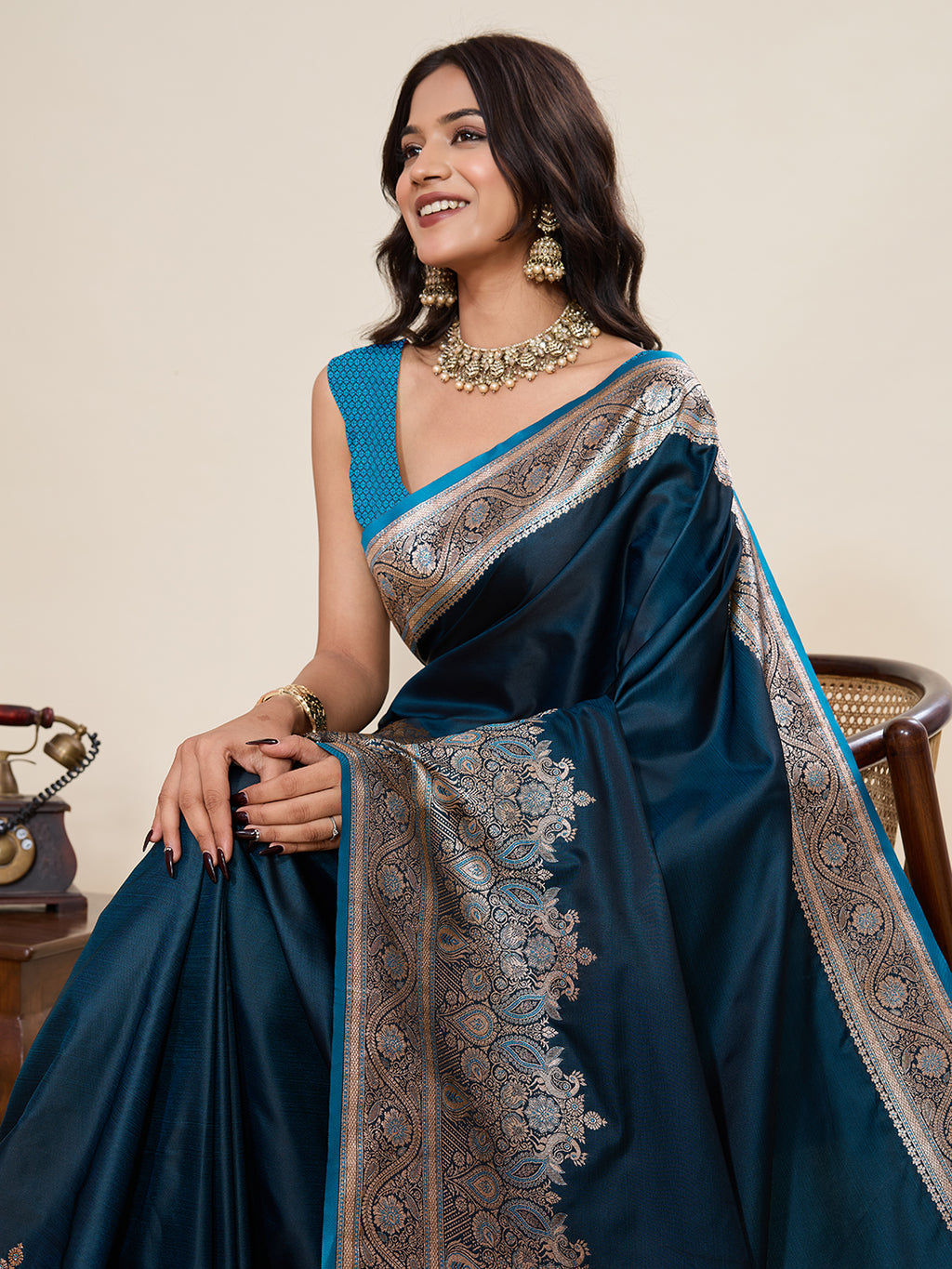 Pure Satin Silk Banarasi Saree with Minakari Rich Pallu & Gala Border