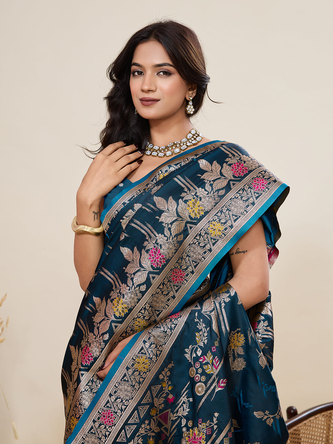 Premium Two-Tone Satin Soft Silk Saree with Unique Paithani Meenakari Weave