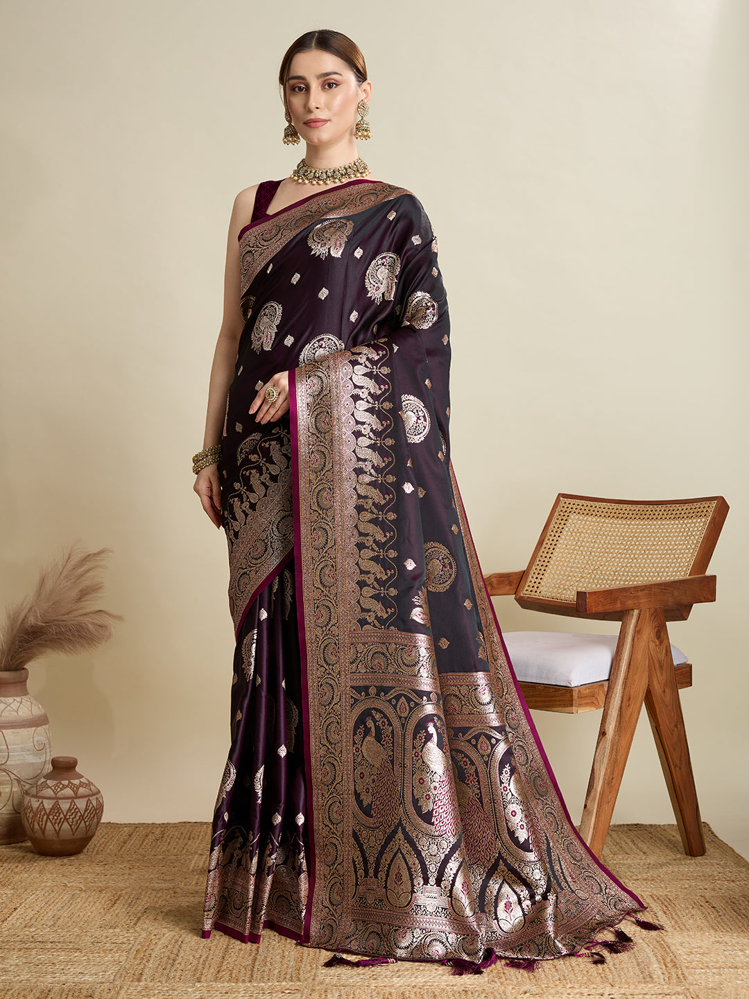Premium Two-Tone Soft Silk Saree | Satin Fabric with Rich Zari Woven Pallu & Designer Blouse