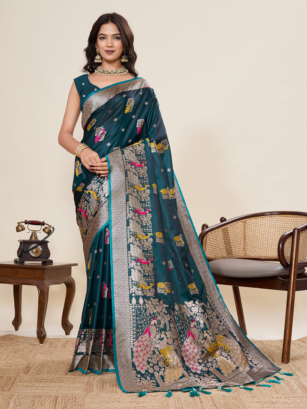 Premium Two-Tone Satin Soft Silk Saree with Unique Paithani Meenakari Weave