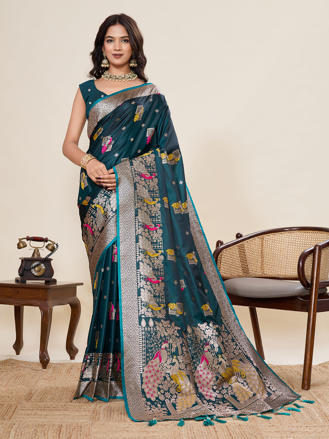 Premium Two-Tone Satin Soft Silk Saree with Unique Paithani Meenakari Weave