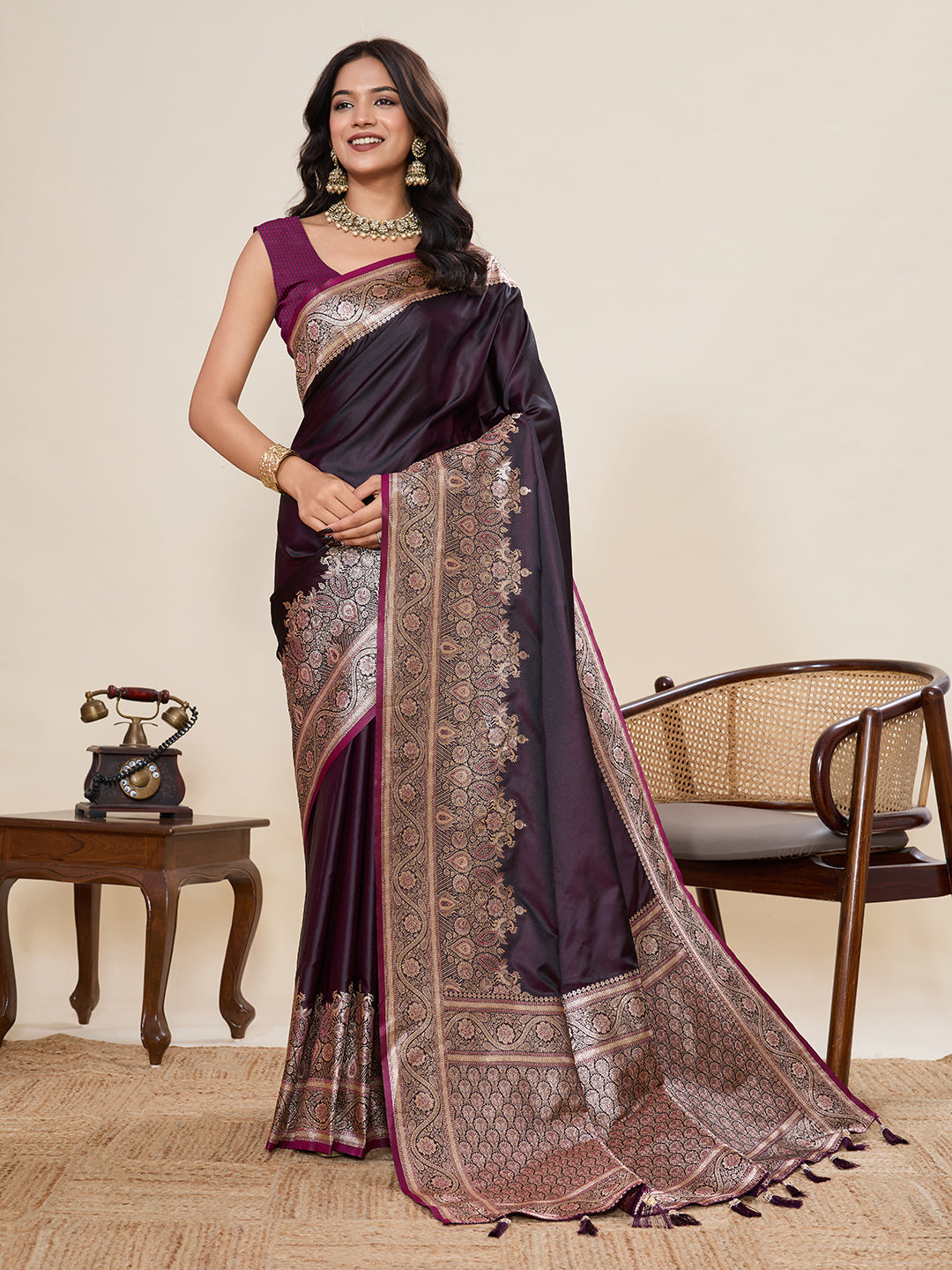 Pure Satin Silk Banarasi Saree with Minakari Rich Pallu & Gala Border