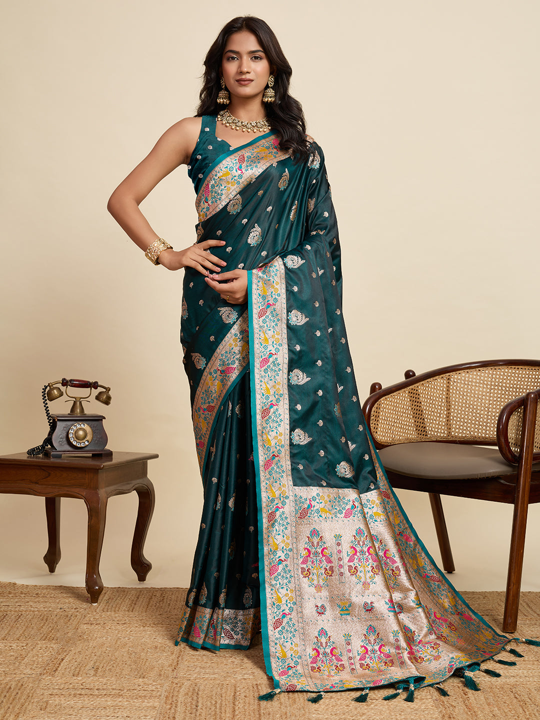 Premium Two-Tone Satin Soft Silk Saree with Unique Paithani Meenakari Weave
