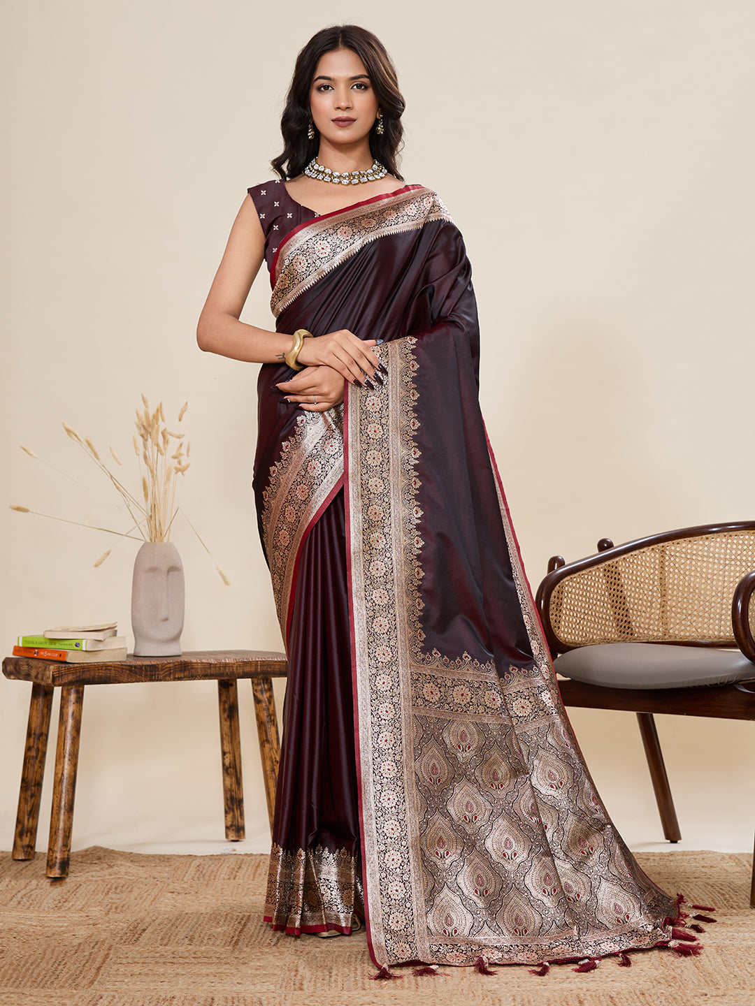 Pure Satin Silk Banarasi Saree with Minakari Rich Pallu & Gala Border