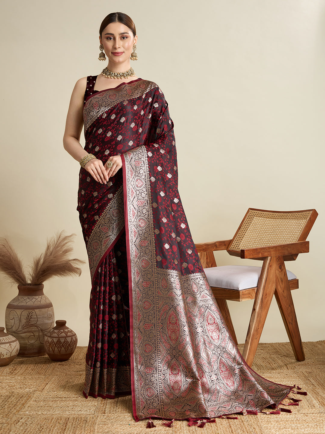 Premium Two-Tone Satin Soft Silk Saree with Unique Paithani Meenakari Weave