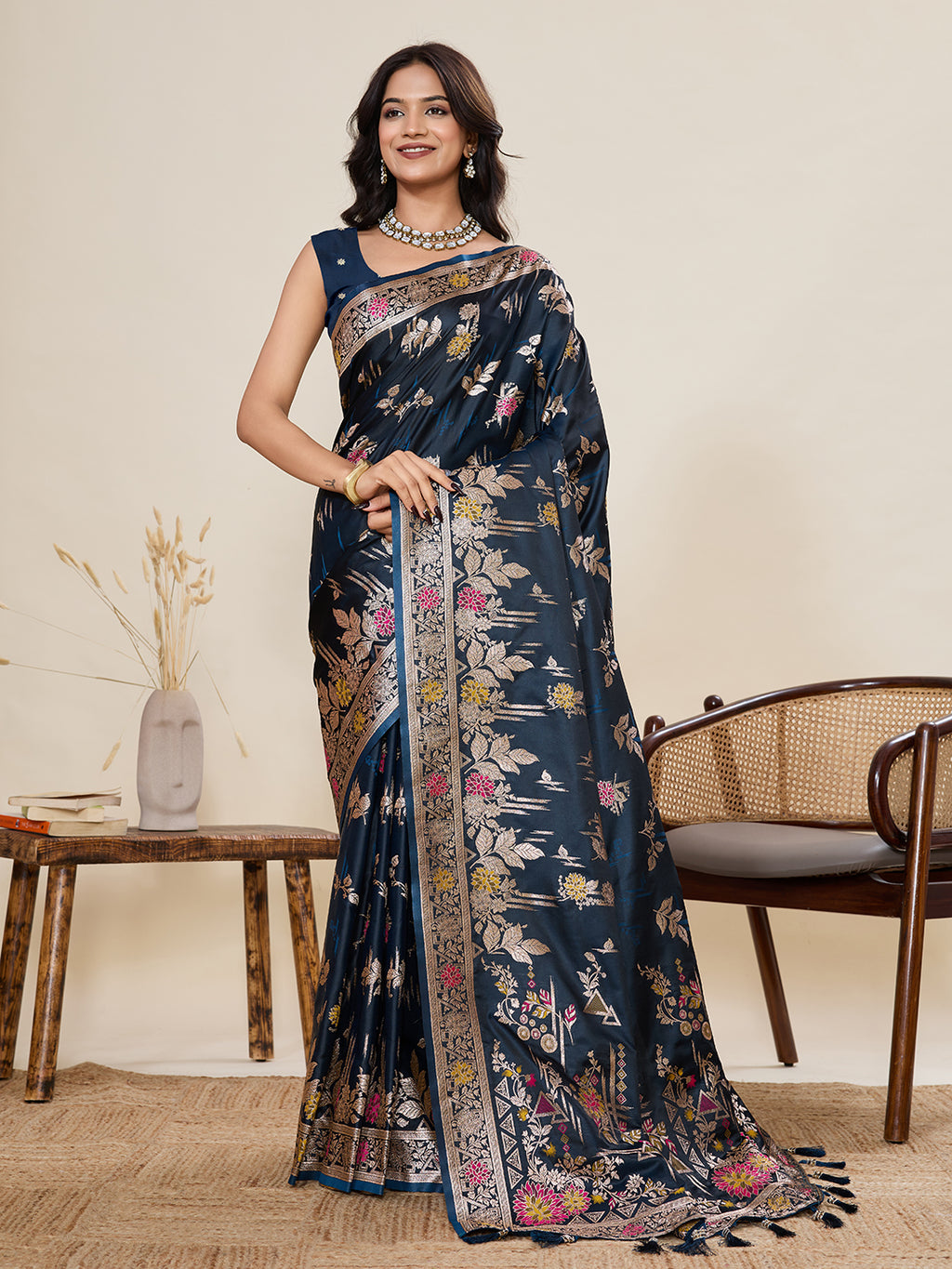 Premium Two-Tone Satin Soft Silk Saree with Unique Paithani Meenakari Weave
