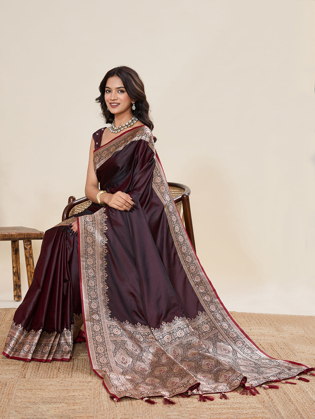 Pure Satin Silk Banarasi Saree with Minakari Rich Pallu & Gala Border