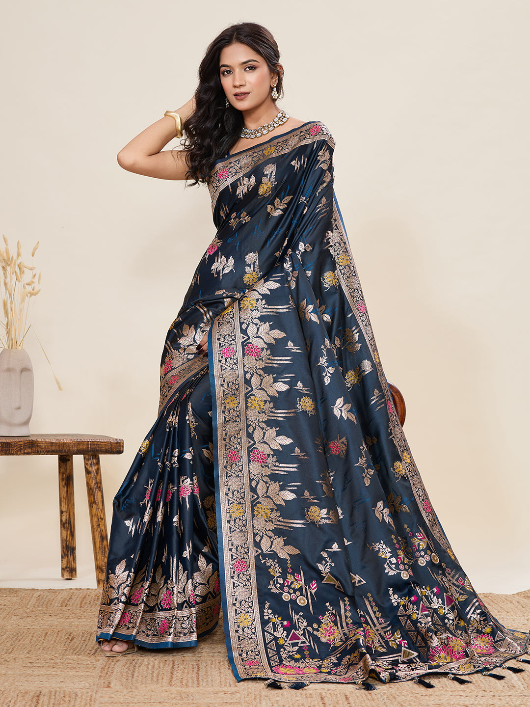 Premium Two-Tone Satin Soft Silk Saree with Unique Paithani Meenakari Weave