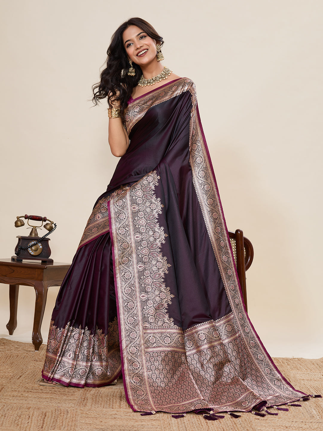 Pure Satin Silk Banarasi Saree with Minakari Rich Pallu & Gala Border