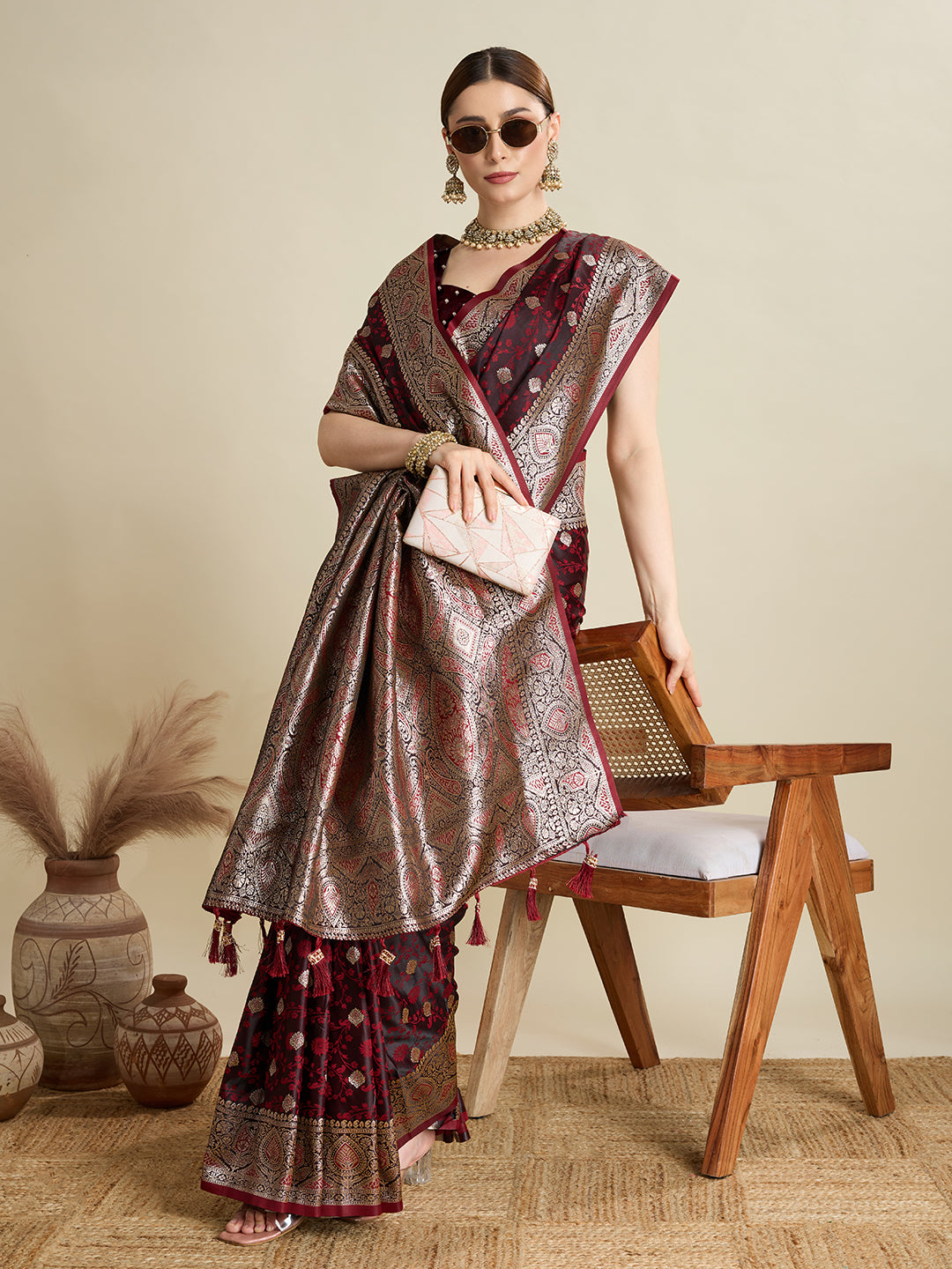 Premium Two-Tone Satin Soft Silk Saree with Unique Paithani Meenakari Weave
