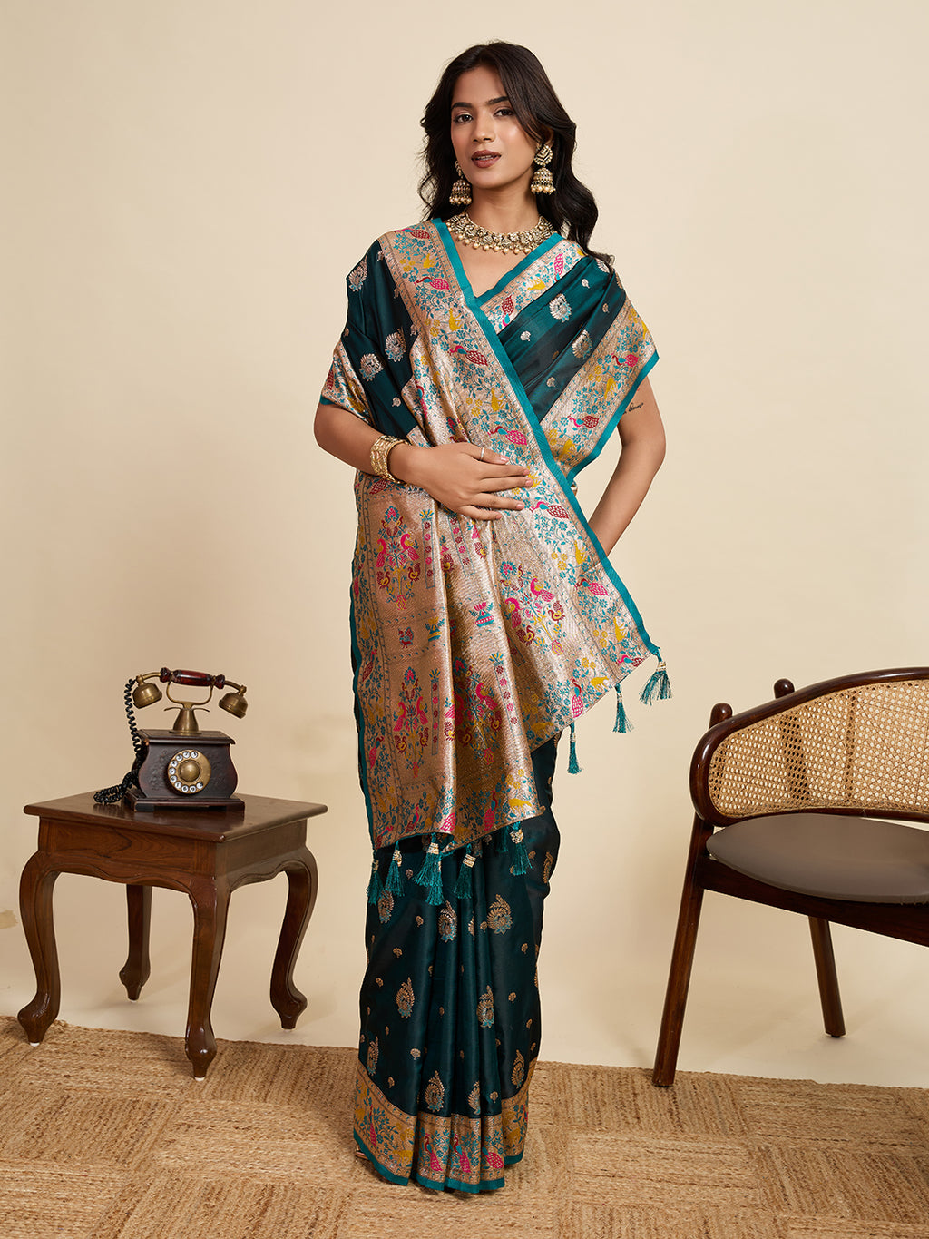 Premium Two-Tone Satin Soft Silk Saree with Unique Paithani Meenakari Weave