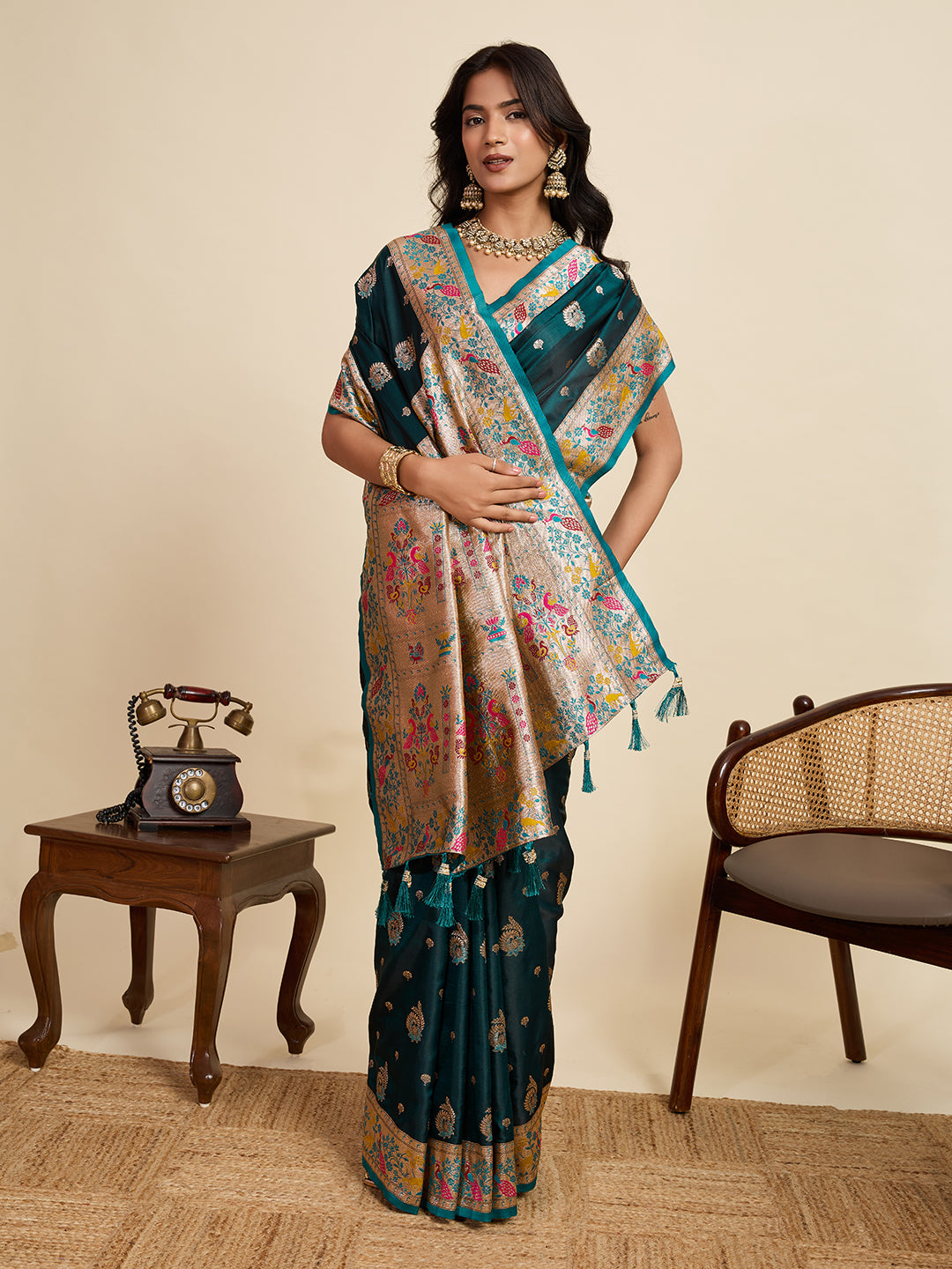 Premium Two-Tone Satin Soft Silk Saree with Unique Paithani Meenakari Weave