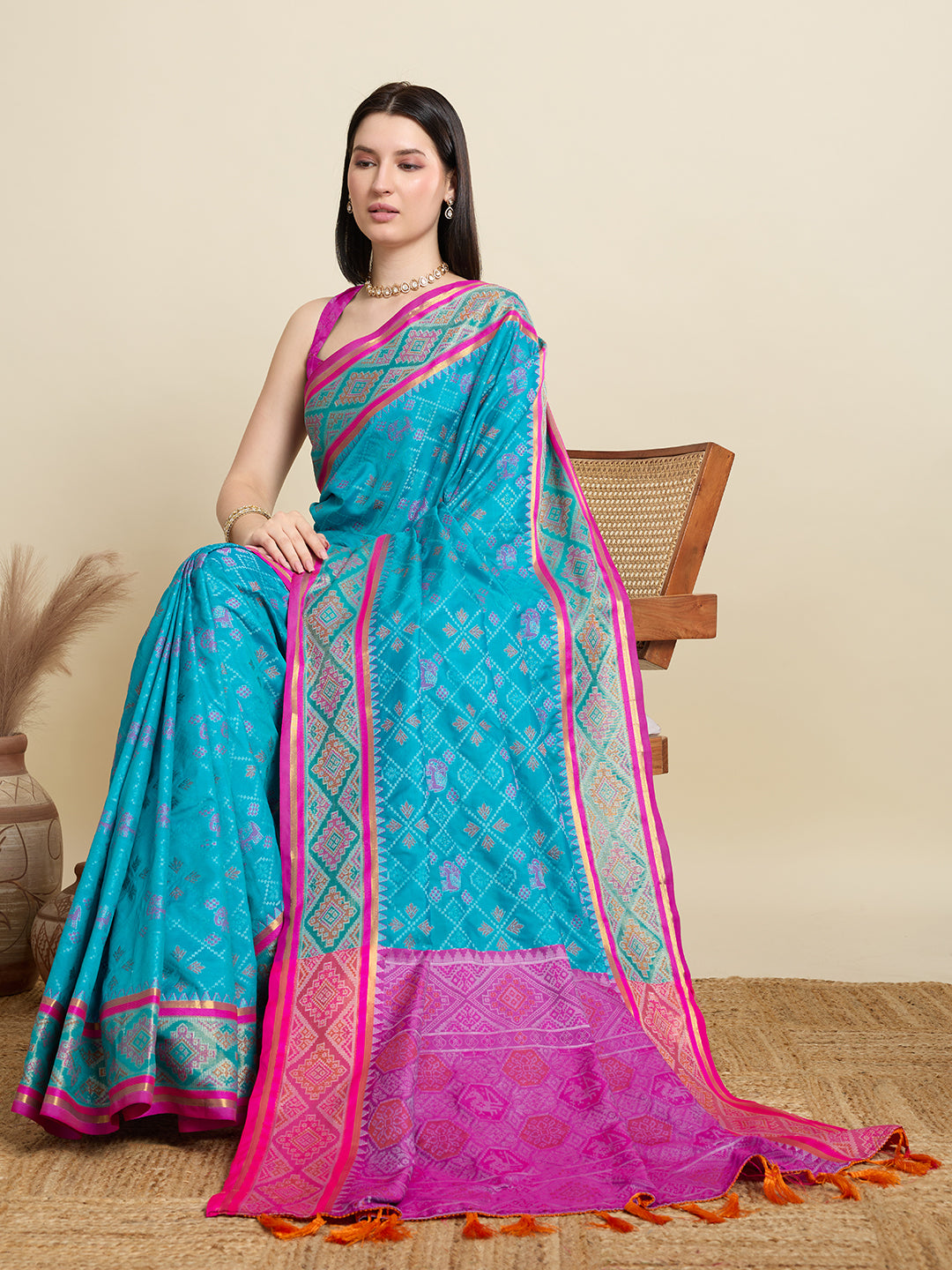 Pure Patola Silk Banarasi Saree | Contrast Meenakari Weaving & Rich Pallu with Tassels
