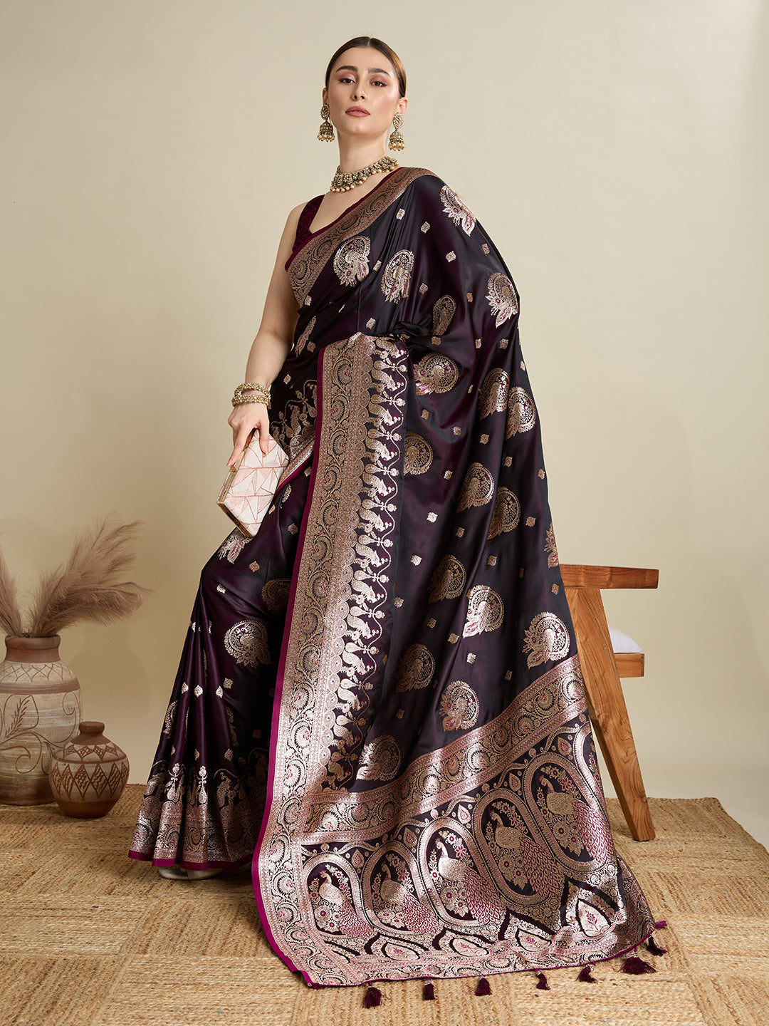 Premium Two-Tone Soft Silk Saree | Satin Fabric with Rich Zari Woven Pallu & Designer Blouse