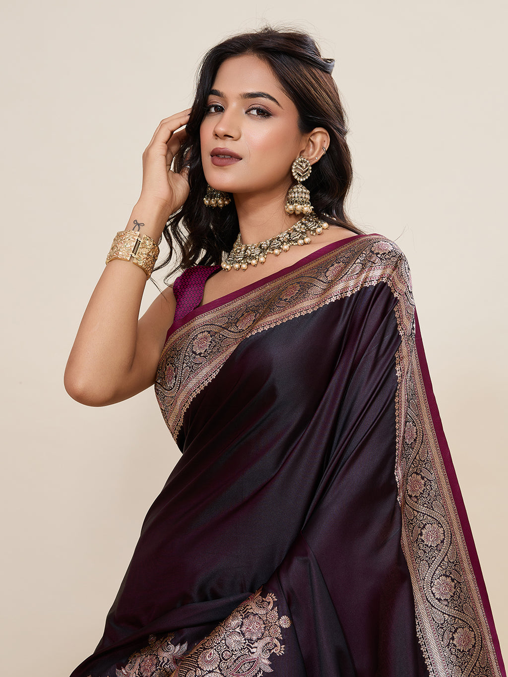 Pure Satin Silk Banarasi Saree with Minakari Rich Pallu & Gala Border
