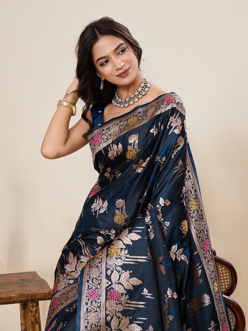 Premium Two-Tone Satin Soft Silk Saree with Unique Paithani Meenakari Weave