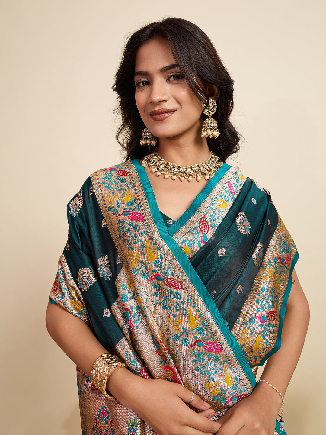 Premium Two-Tone Satin Soft Silk Saree with Unique Paithani Meenakari Weave
