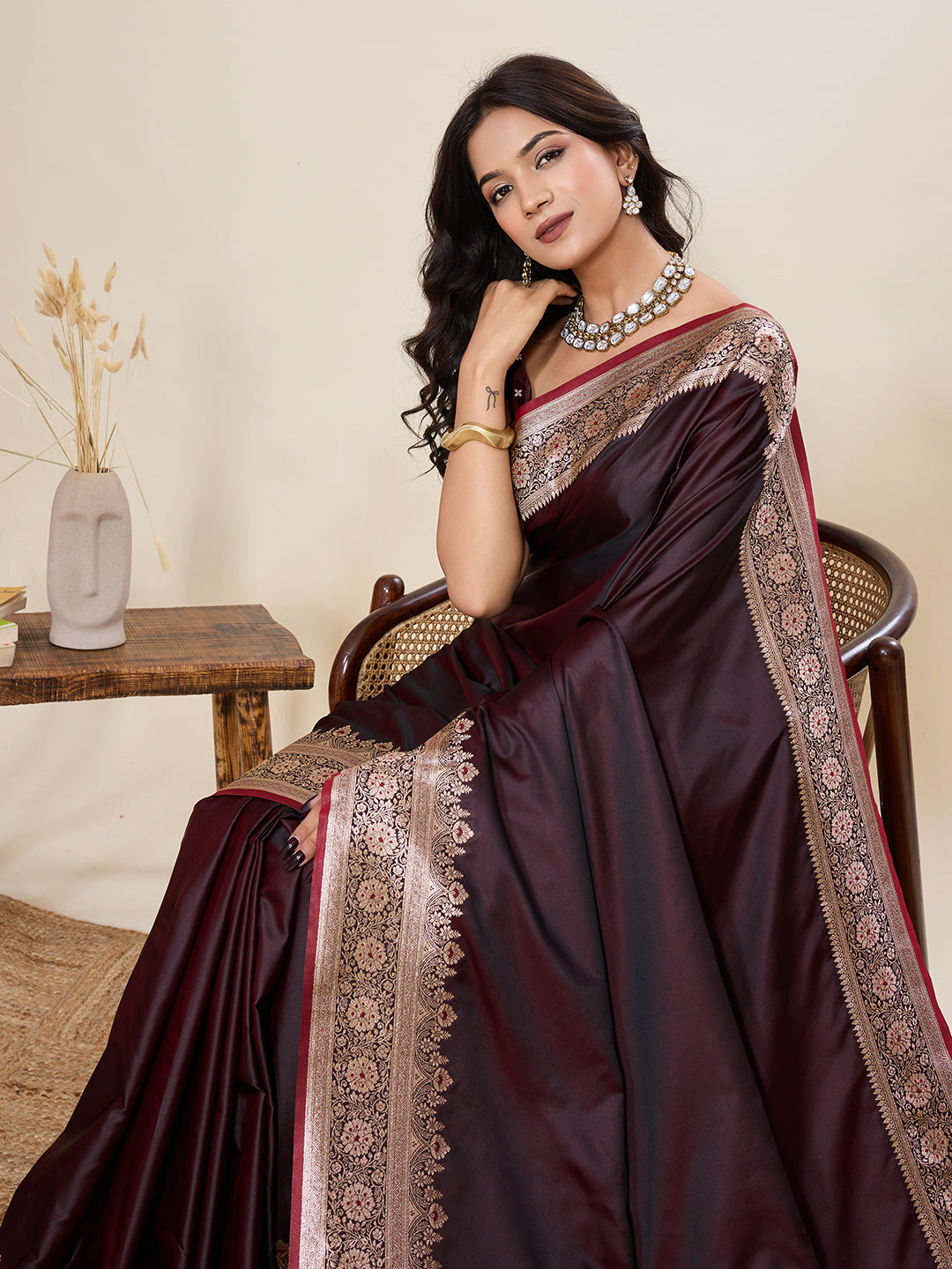 Pure Satin Silk Banarasi Saree with Minakari Rich Pallu & Gala Border