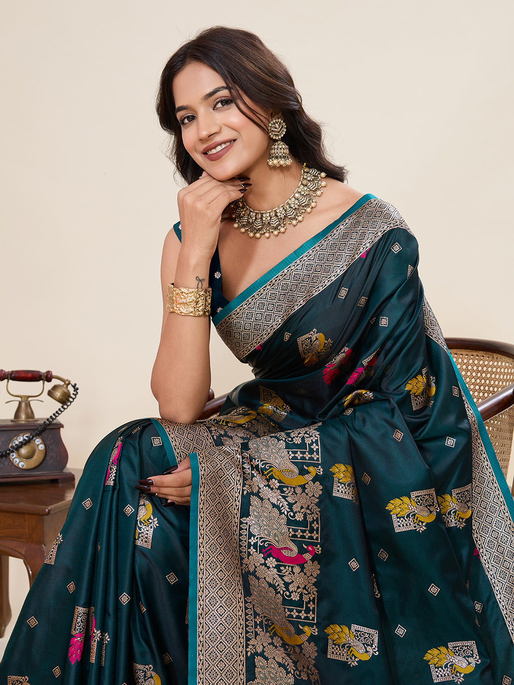 Premium Two-Tone Satin Soft Silk Saree with Unique Paithani Meenakari Weave