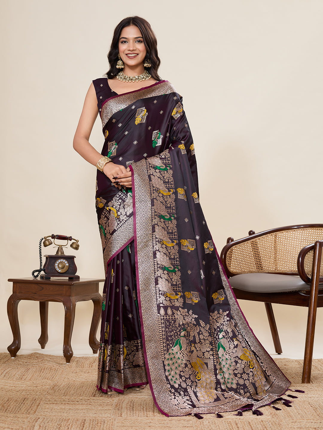 Premium Two-Tone Satin Soft Silk Saree with Unique Paithani Meenakari Weave