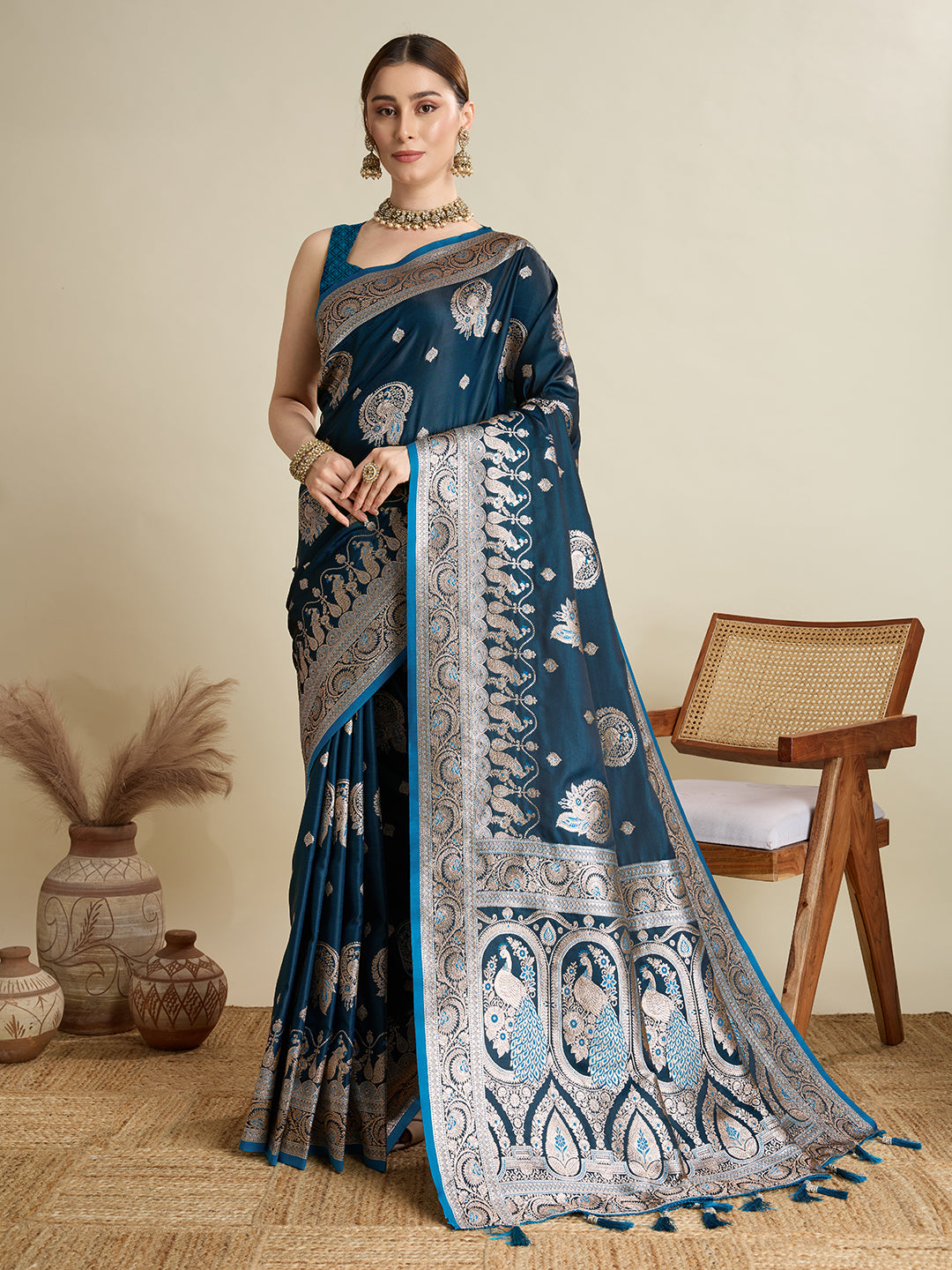 Premium Two-Tone Soft Silk Saree | Satin Fabric with Rich Zari Woven Pallu & Designer Blouse