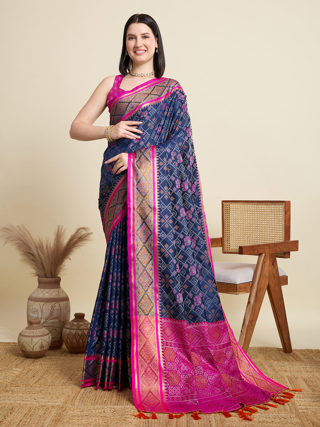 Pure Patola Silk Banarasi Saree | Contrast Meenakari Weaving & Rich Pallu with Tassels