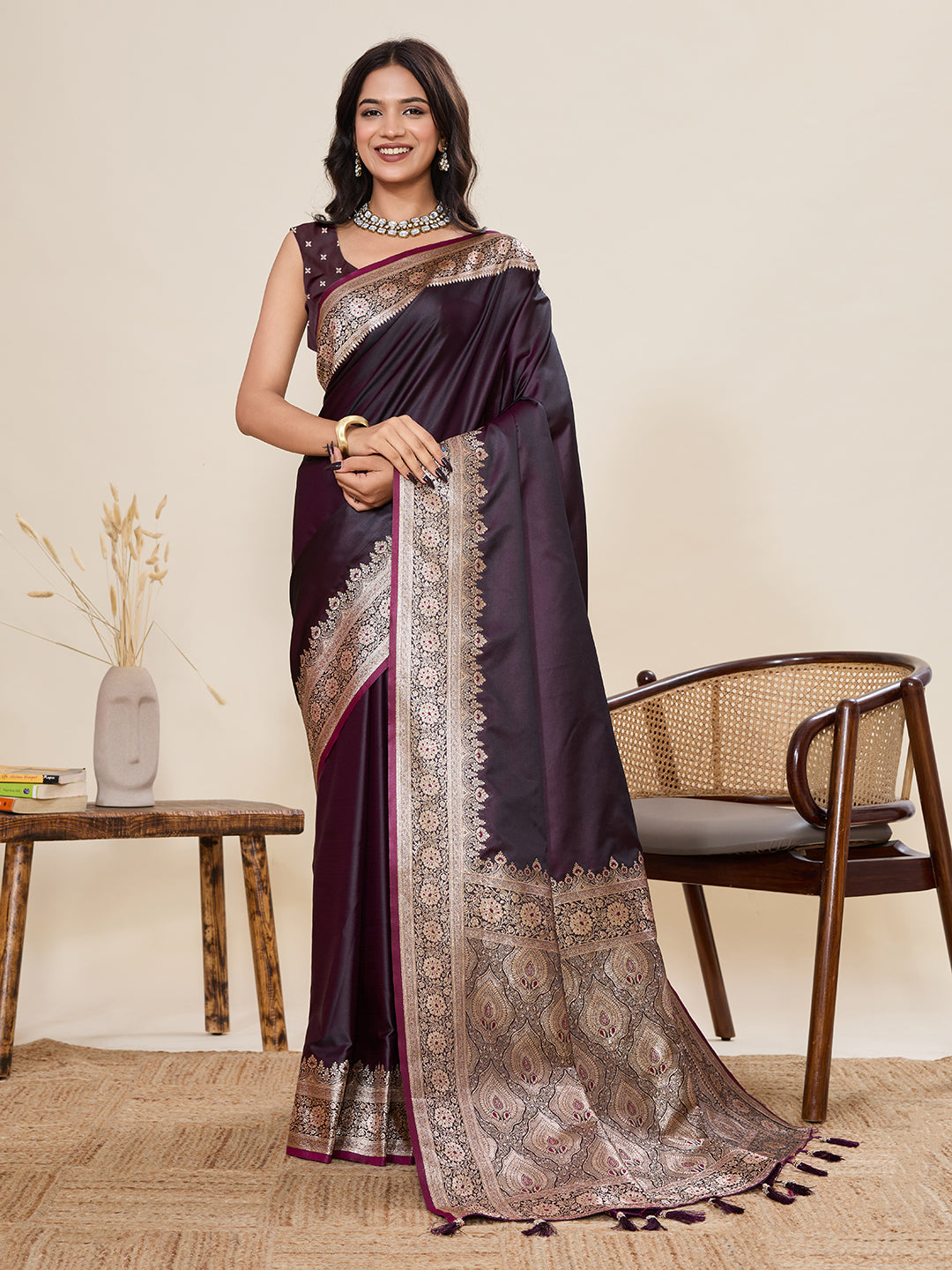 Pure Satin Silk Banarasi Saree with Minakari Rich Pallu & Gala Border