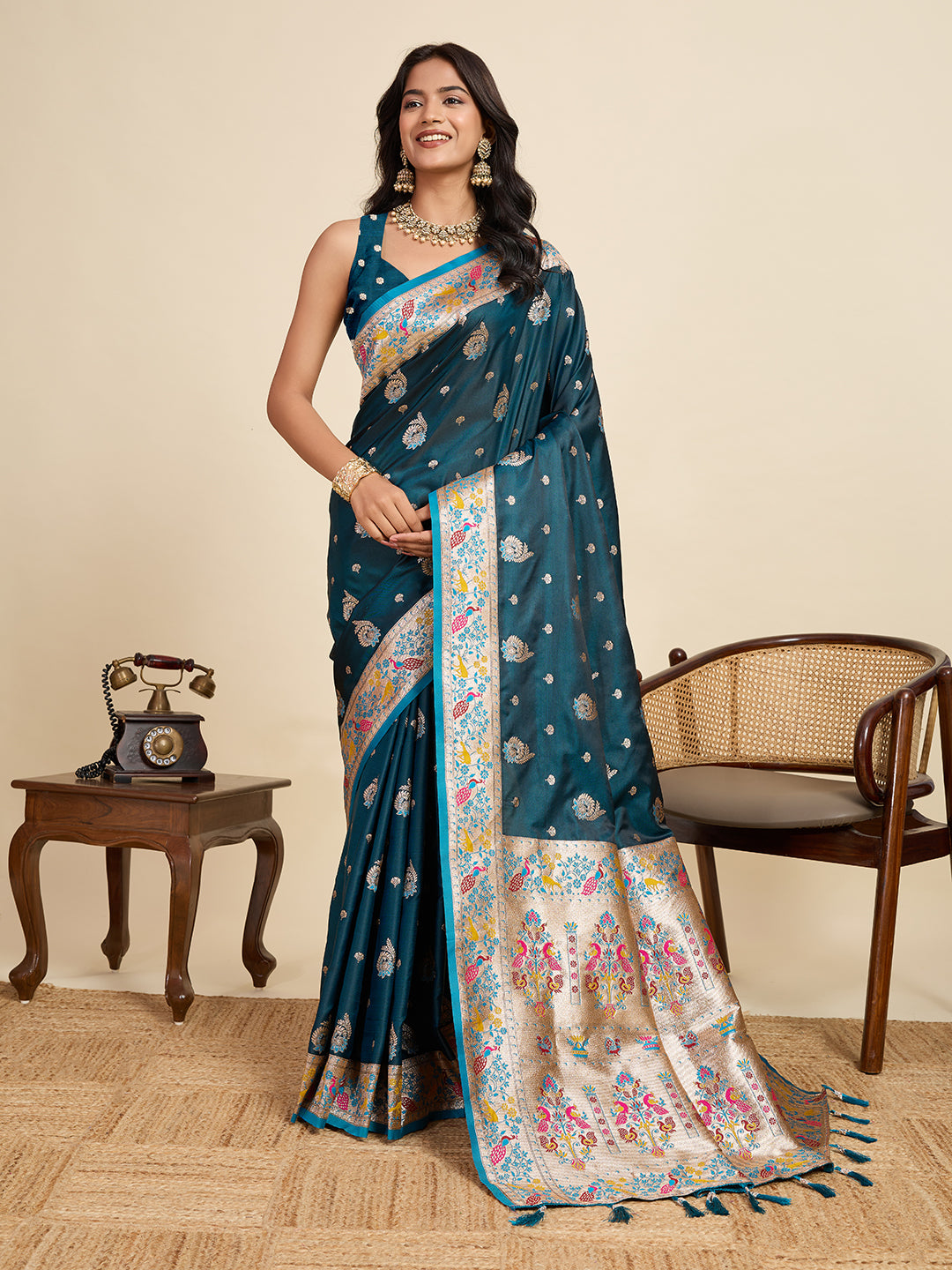 Premium Two-Tone Satin Soft Silk Saree with Unique Paithani Meenakari Weave