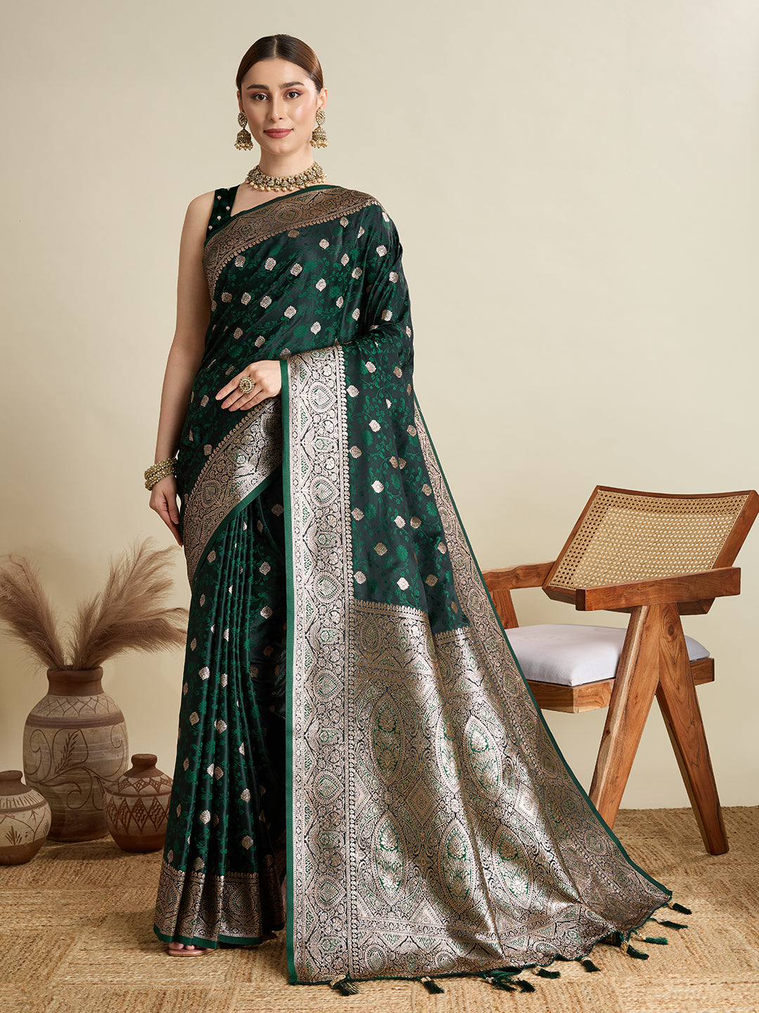 Premium Two-Tone Satin Soft Silk Saree with Unique Paithani Meenakari Weave