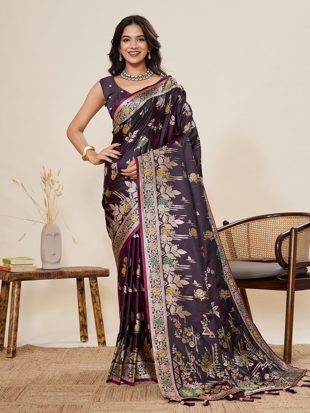 Premium Two-Tone Satin Soft Silk Saree with Unique Paithani Meenakari Weave
