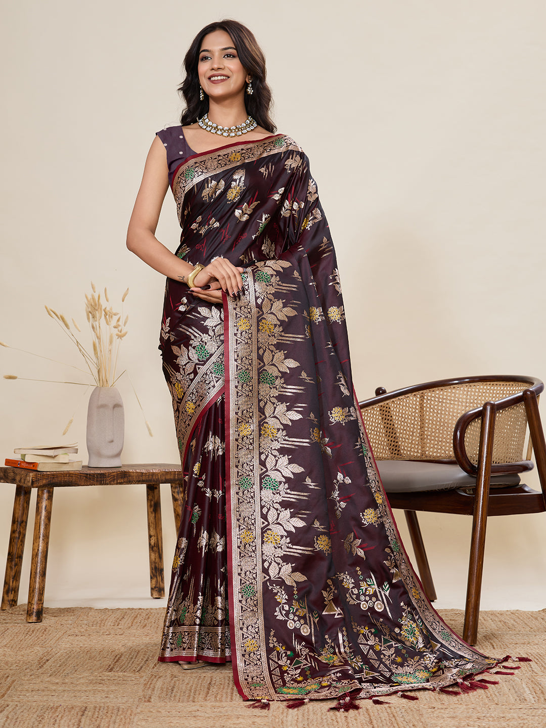 Premium Two-Tone Satin Soft Silk Saree with Unique Paithani Meenakari Weave
