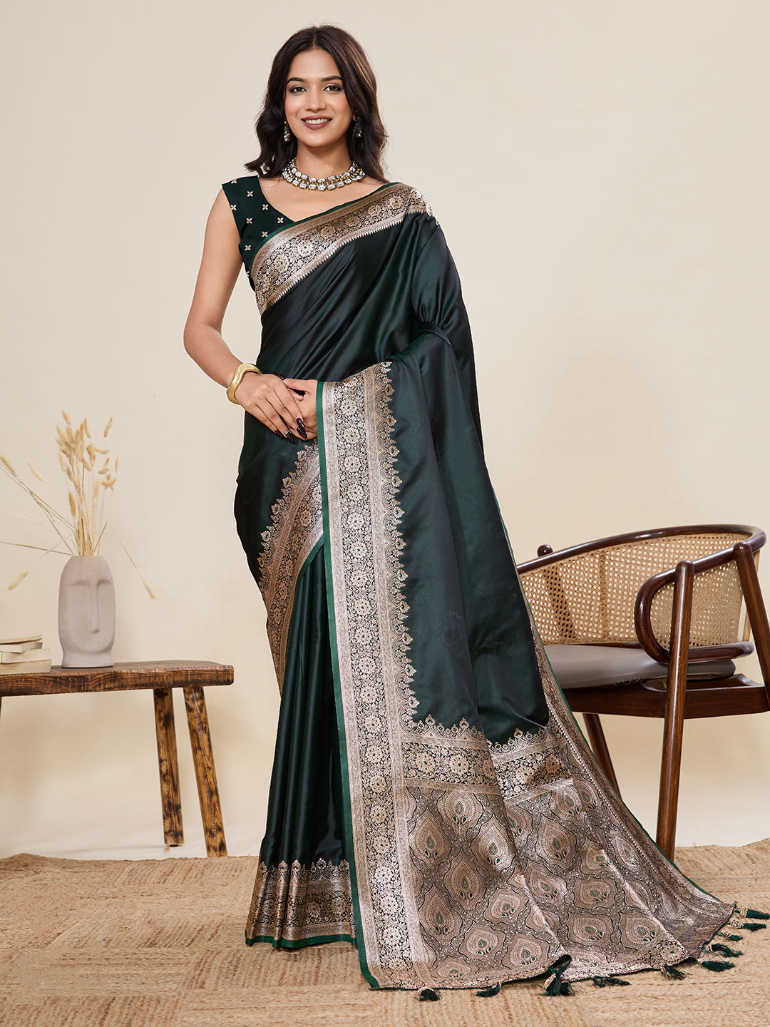 Pure Satin Silk Banarasi Saree with Minakari Rich Pallu & Gala Border