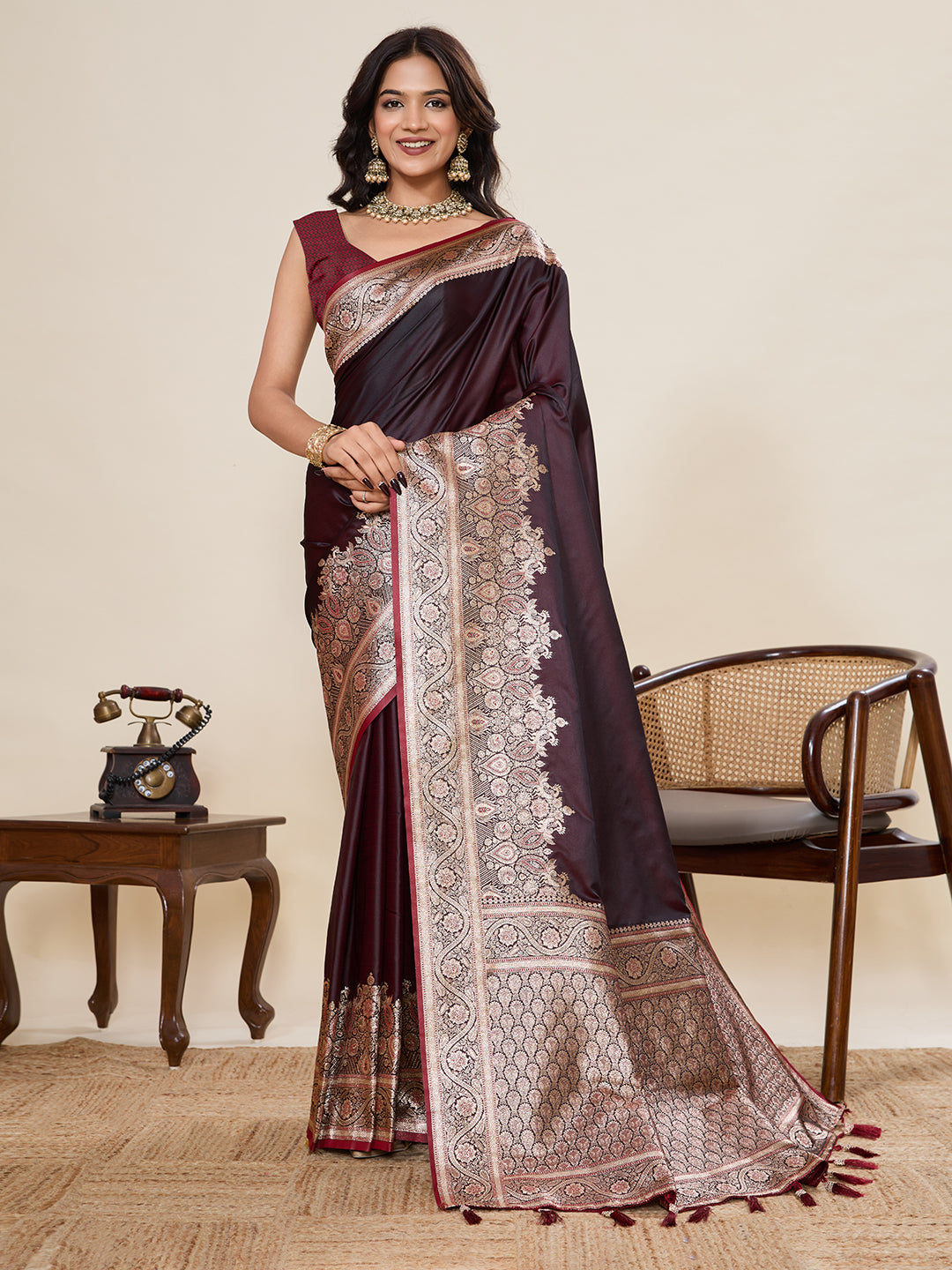 Pure Satin Silk Banarasi Saree with Minakari Rich Pallu & Gala Border