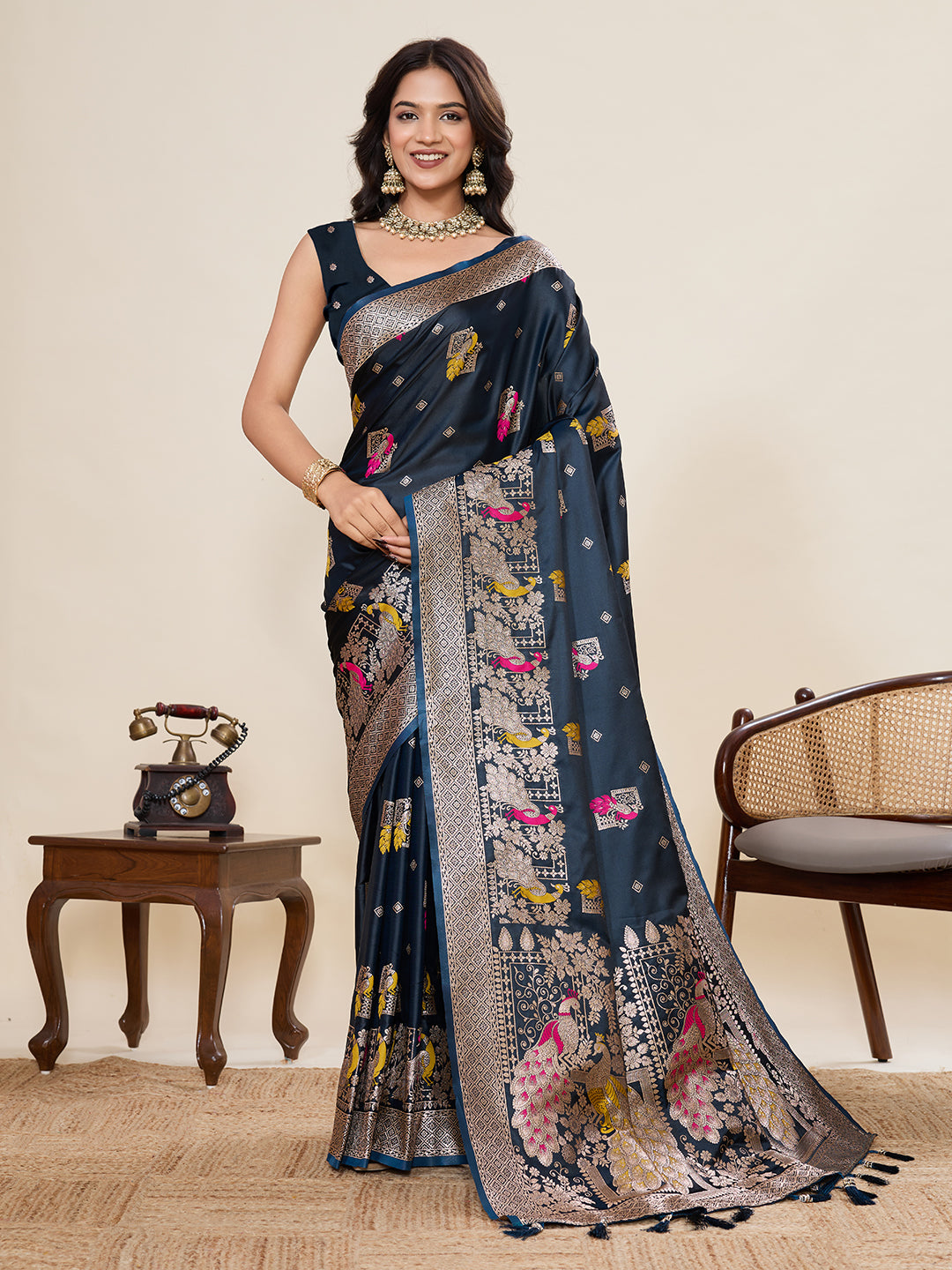Premium Two-Tone Satin Soft Silk Saree with Unique Paithani Meenakari Weave