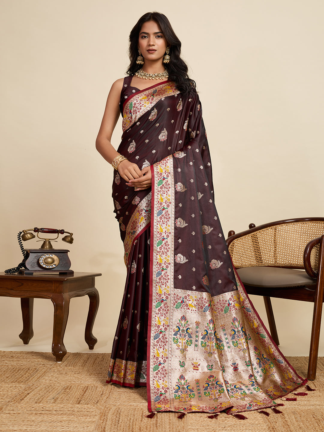 Premium Two-Tone Satin Soft Silk Saree with Unique Paithani Meenakari Weave