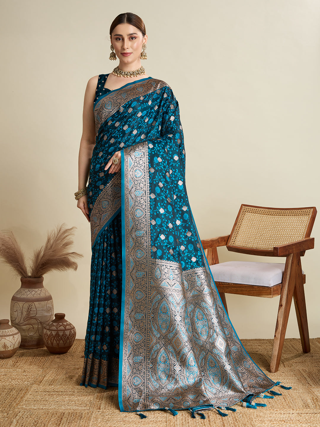 Premium Two-Tone Satin Soft Silk Saree with Unique Paithani Meenakari Weave