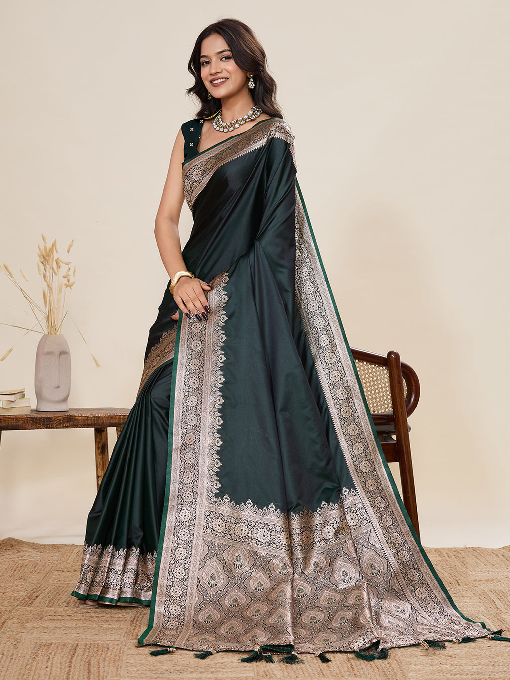 Pure Satin Silk Banarasi Saree with Minakari Rich Pallu & Gala Border