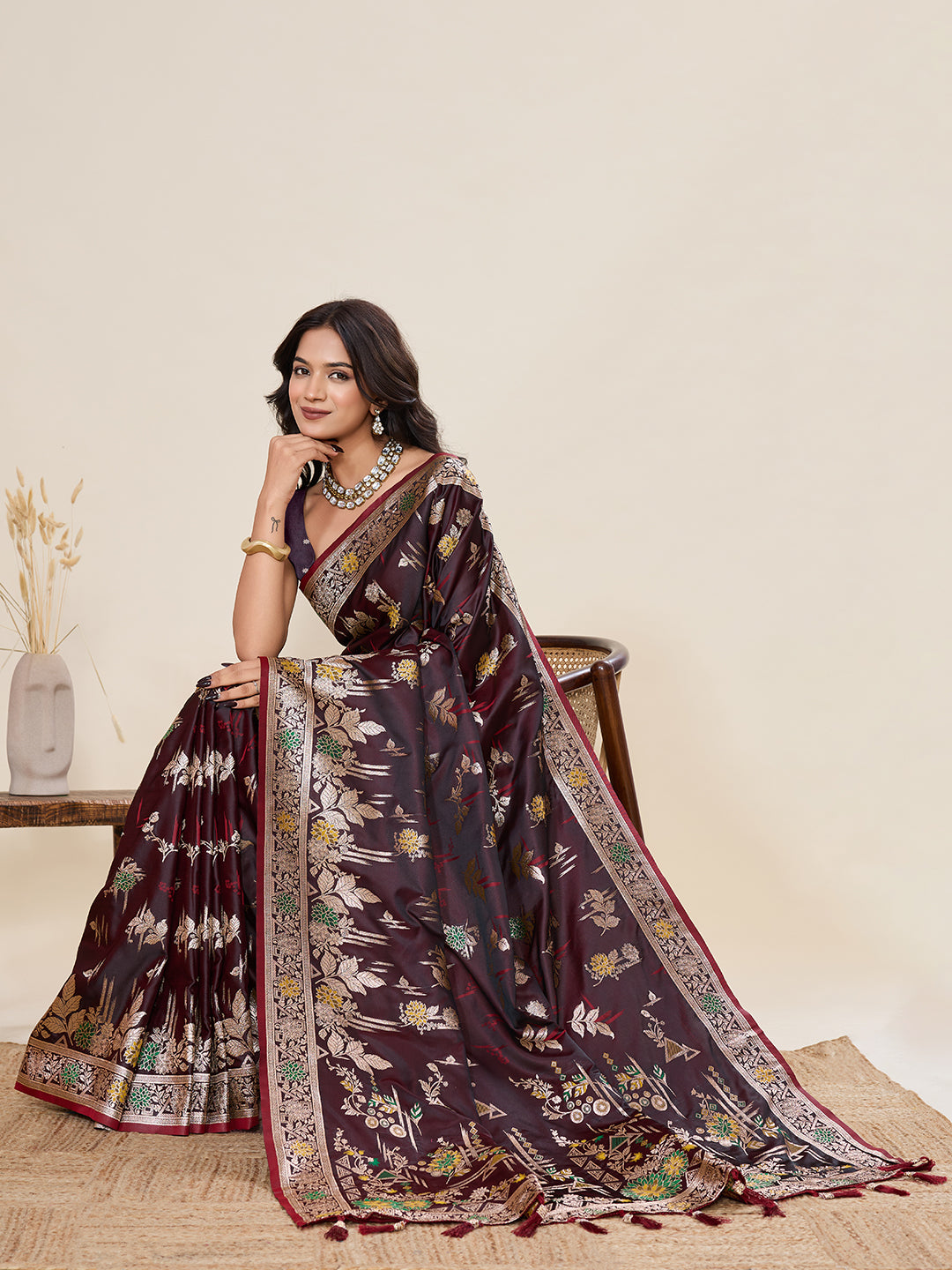 Premium Two-Tone Satin Soft Silk Saree with Unique Paithani Meenakari Weave
